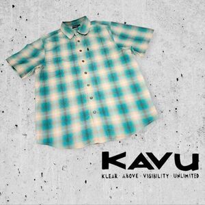 Kavu Men's Short Sleeve Button Up Shirt Turquoise & Sand Plaid L TINY FLAW